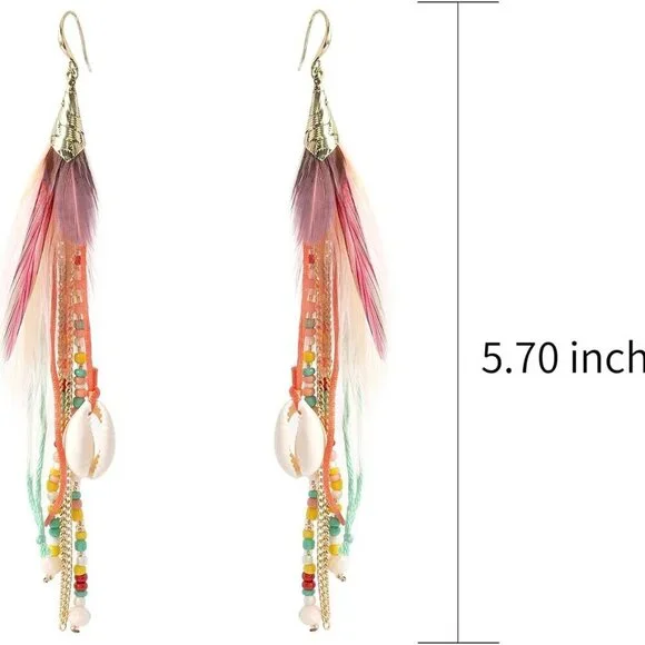 Bohemian Feather Dangle Earrings Shell Beads Long Tassel Women Jewelry - Picture 4 of 6